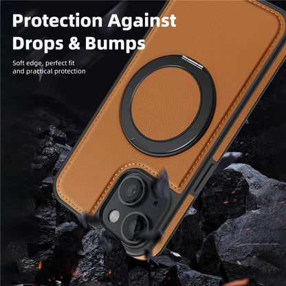 For iPhone 13 Magnetic Case Ring Kickstand Leather+PC+TPU Hybrid Phone Cover