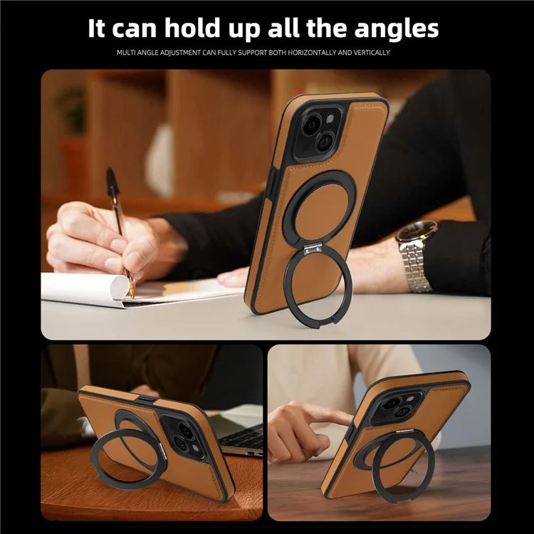 For iPhone 13 Magnetic Case Ring Kickstand Leather+PC+TPU Hybrid Phone Cover