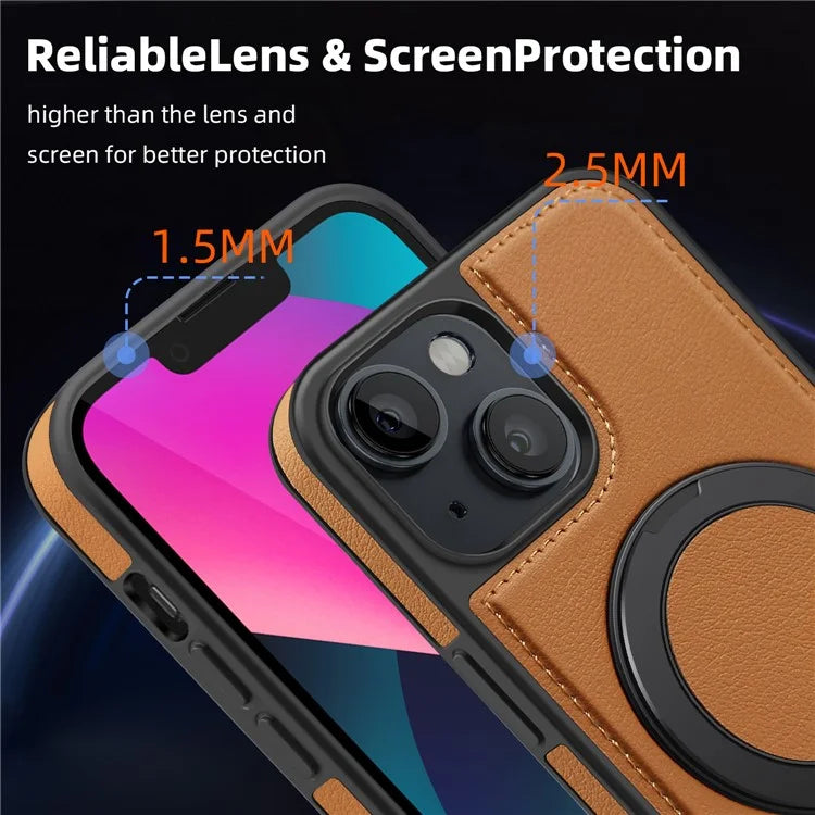 For iPhone 13 Magnetic Case Ring Kickstand Leather+PC+TPU Hybrid Phone Cover