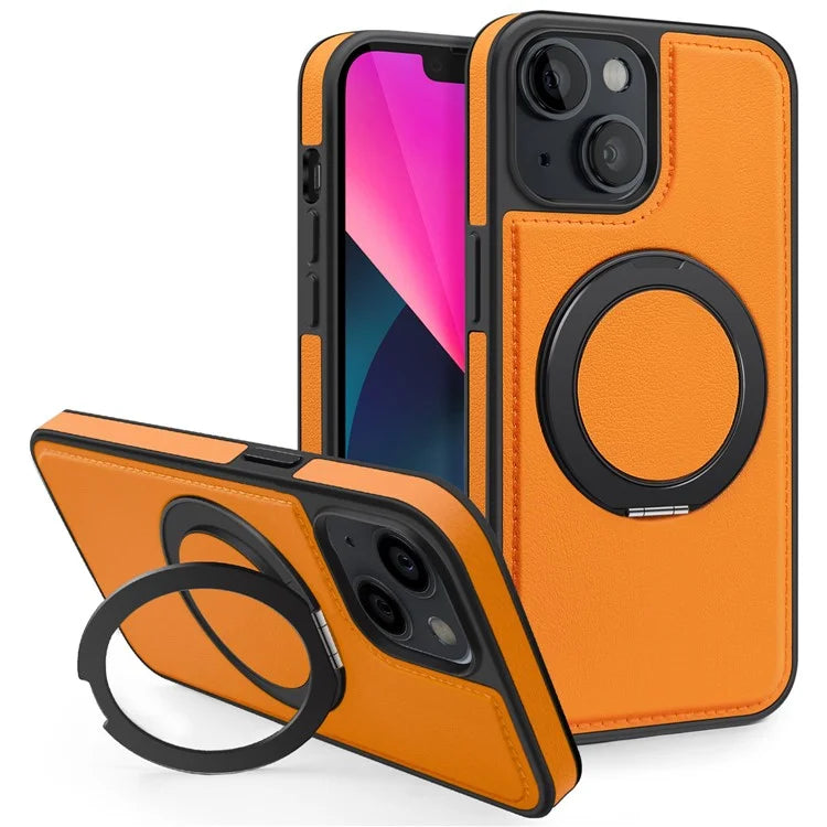 For iPhone 13 Magnetic Case Ring Kickstand Leather+PC+TPU Hybrid Phone Cover