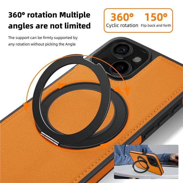 For iPhone 13 Magnetic Case Ring Kickstand Leather+PC+TPU Hybrid Phone Cover
