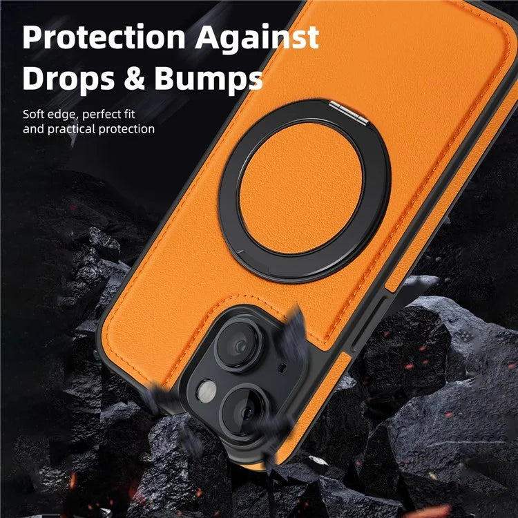 For iPhone 13 Magnetic Case Ring Kickstand Leather+PC+TPU Hybrid Phone Cover