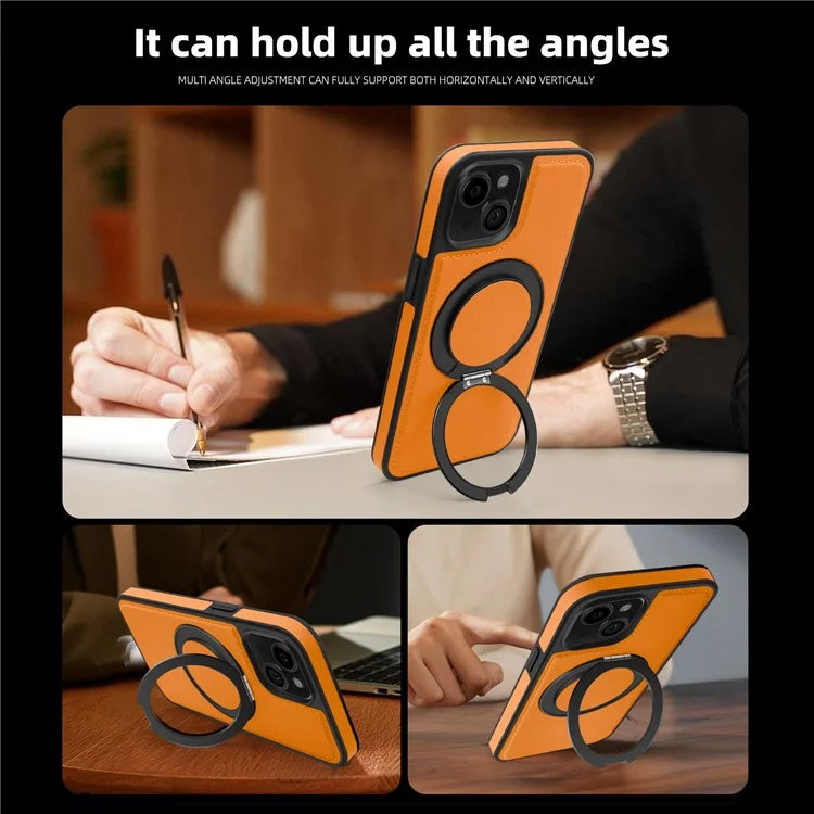 For iPhone 13 Magnetic Case Ring Kickstand Leather+PC+TPU Hybrid Phone Cover