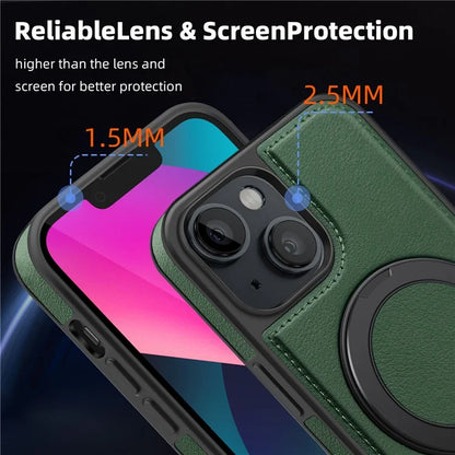 For iPhone 13 Magnetic Case Ring Kickstand Leather+PC+TPU Hybrid Phone Cover