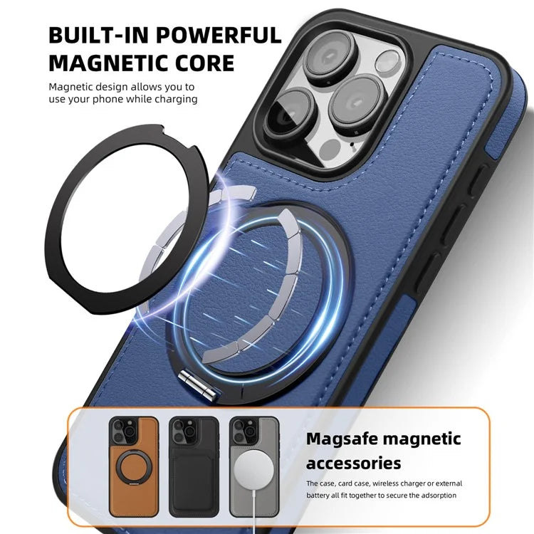 For iPhone 13 Pro Case Leather+PC+TPU Kickstand Phone Cover Compatible with MagSafe