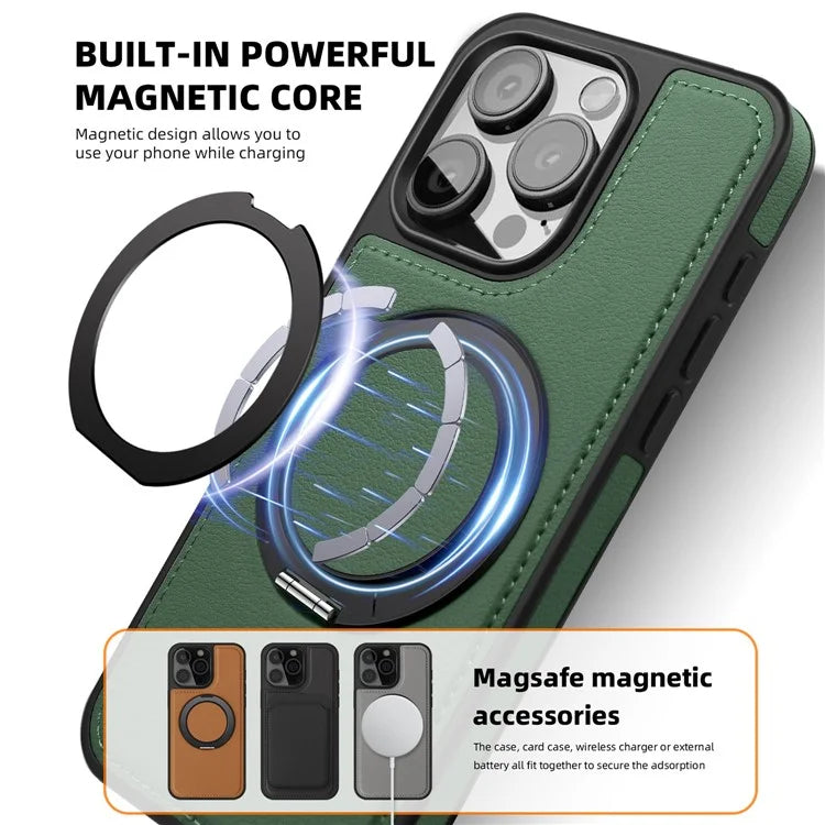 For iPhone 13 Pro Case Leather+PC+TPU Kickstand Phone Cover Compatible with MagSafe