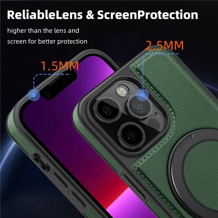 For iPhone 13 Pro Case Leather+PC+TPU Kickstand Phone Cover Compatible with MagSafe