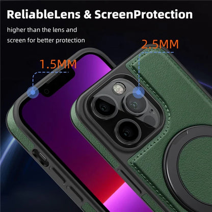 For iPhone 13 Pro Case Leather+PC+TPU Kickstand Phone Cover Compatible with MagSafe