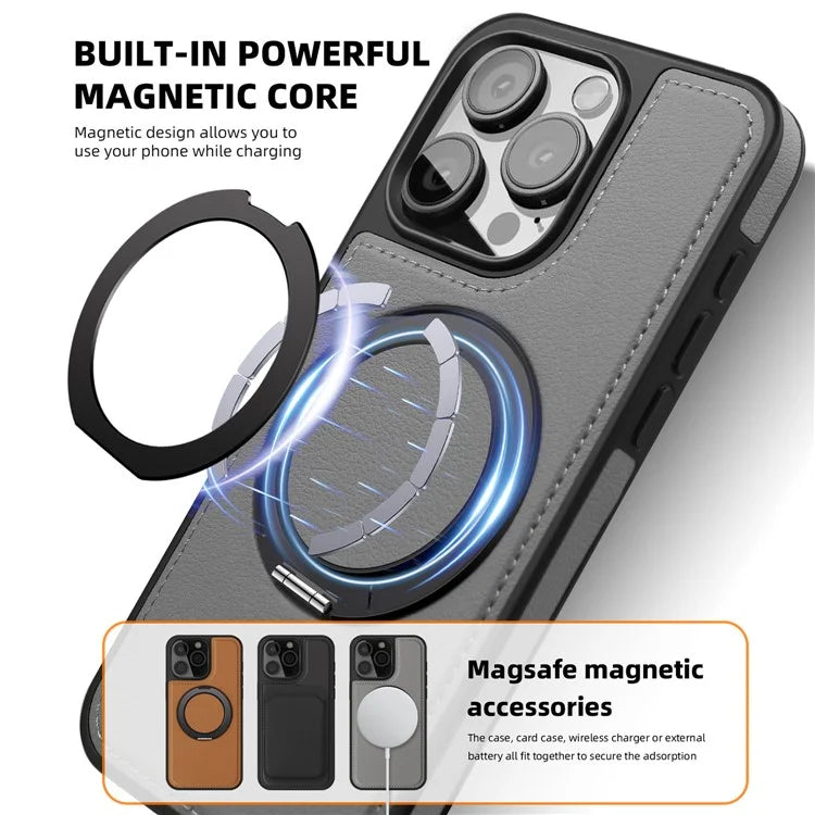 For iPhone 13 Pro Case Leather+PC+TPU Kickstand Phone Cover Compatible with MagSafe