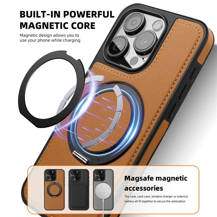 For iPhone 13 Pro Case Leather+PC+TPU Kickstand Phone Cover Compatible with MagSafe