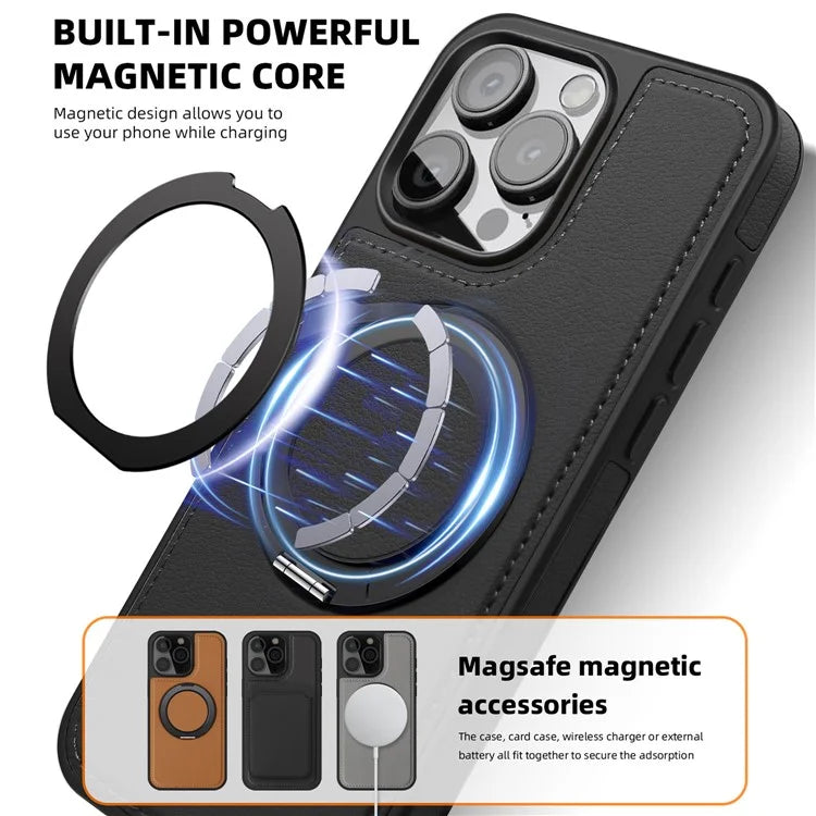 For iPhone 13 Pro Max Case Compatible with MagSafe Leather+PC+TPU Kickstand Phone Cover