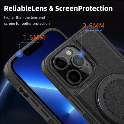For iPhone 13 Pro Max Case Compatible with MagSafe Leather+PC+TPU Kickstand Phone Cover