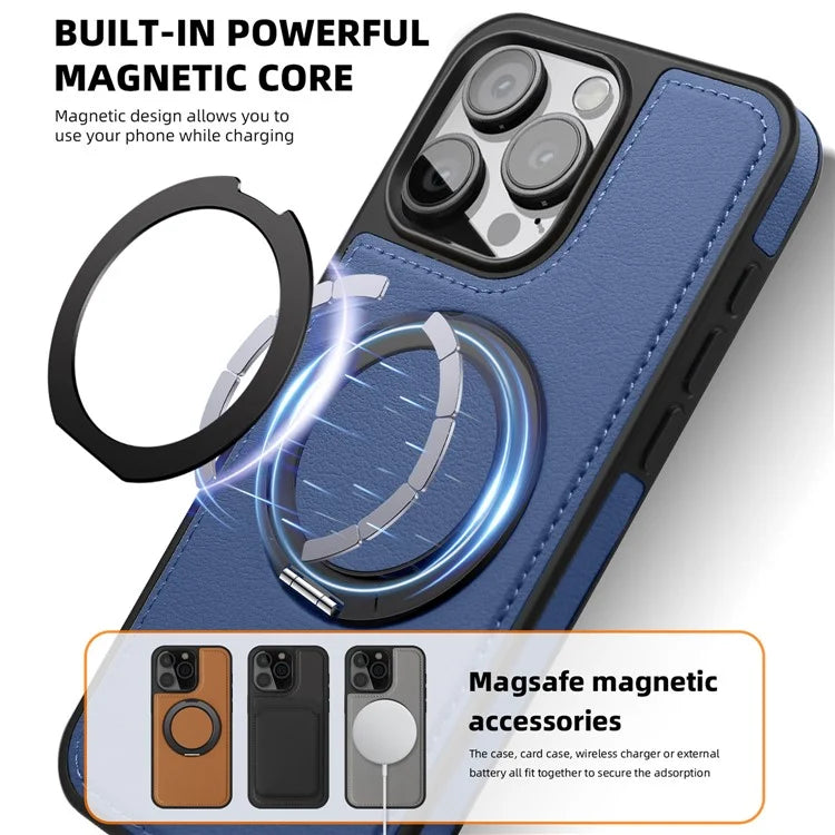 For iPhone 13 Pro Max Case Compatible with MagSafe Leather+PC+TPU Kickstand Phone Cover