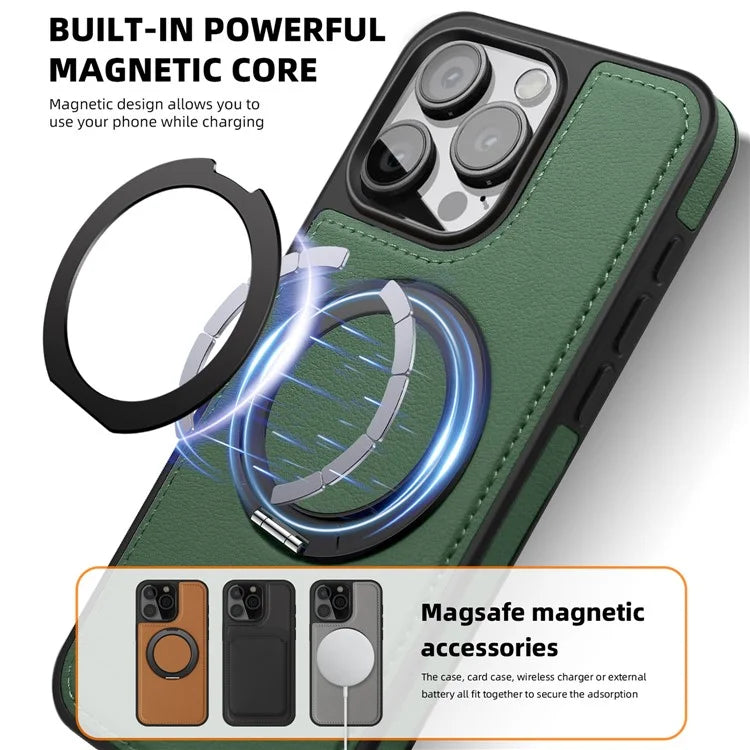 For iPhone 13 Pro Max Case Compatible with MagSafe Leather+PC+TPU Kickstand Phone Cover