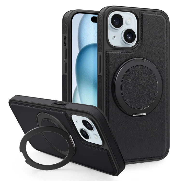 For iPhone 15 Magnetic Case Rotate Ring Kickstand PU Leather+PC+TPU Back Cover