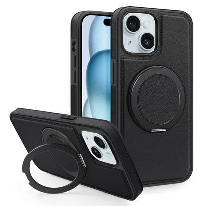 For iPhone 15 Magnetic Case Rotate Ring Kickstand PU Leather+PC+TPU Back Cover