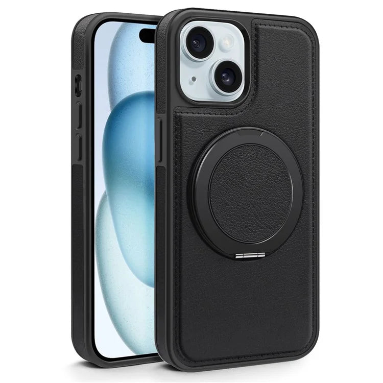 For iPhone 15 Magnetic Case Rotate Ring Kickstand PU Leather+PC+TPU Back Cover
