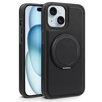 For iPhone 15 Magnetic Case Rotate Ring Kickstand PU Leather+PC+TPU Back Cover