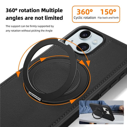 For iPhone 15 Magnetic Case Rotate Ring Kickstand PU Leather+PC+TPU Back Cover