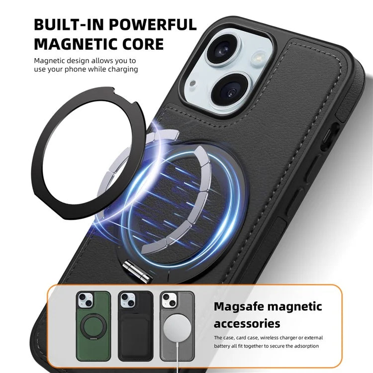 For iPhone 15 Magnetic Case Rotate Ring Kickstand PU Leather+PC+TPU Back Cover