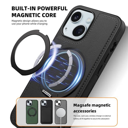 For iPhone 15 Magnetic Case Rotate Ring Kickstand PU Leather+PC+TPU Back Cover