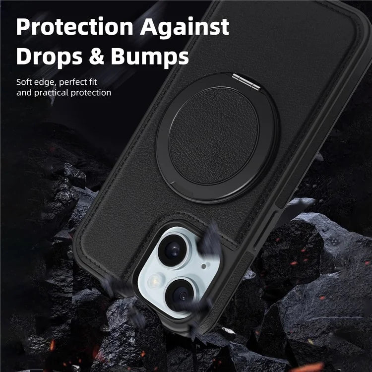 For iPhone 15 Magnetic Case Rotate Ring Kickstand PU Leather+PC+TPU Back Cover
