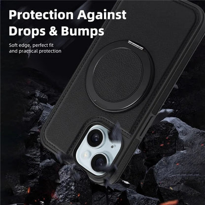 For iPhone 15 Magnetic Case Rotate Ring Kickstand PU Leather+PC+TPU Back Cover