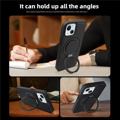 For iPhone 15 Magnetic Case Rotate Ring Kickstand PU Leather+PC+TPU Back Cover