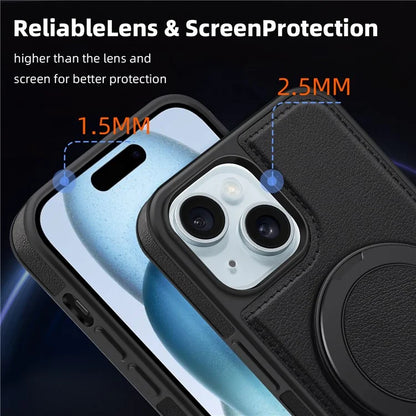 For iPhone 15 Magnetic Case Rotate Ring Kickstand PU Leather+PC+TPU Back Cover