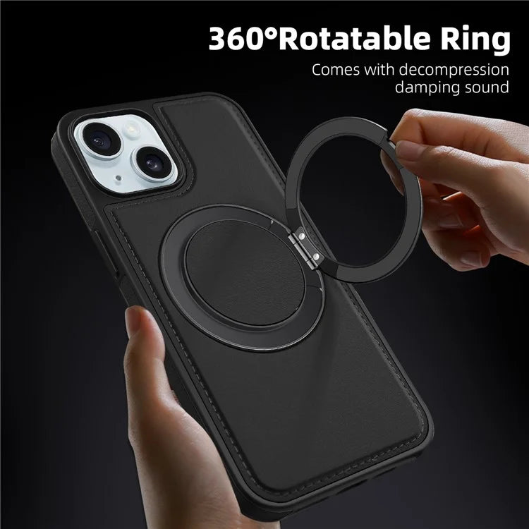 For iPhone 15 Magnetic Case Rotate Ring Kickstand PU Leather+PC+TPU Back Cover