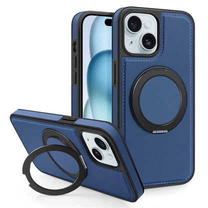 For iPhone 15 Magnetic Case Rotate Ring Kickstand PU Leather+PC+TPU Back Cover