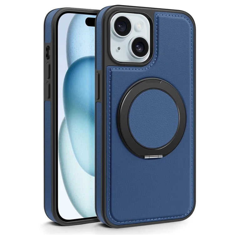 For iPhone 15 Magnetic Case Rotate Ring Kickstand PU Leather+PC+TPU Back Cover