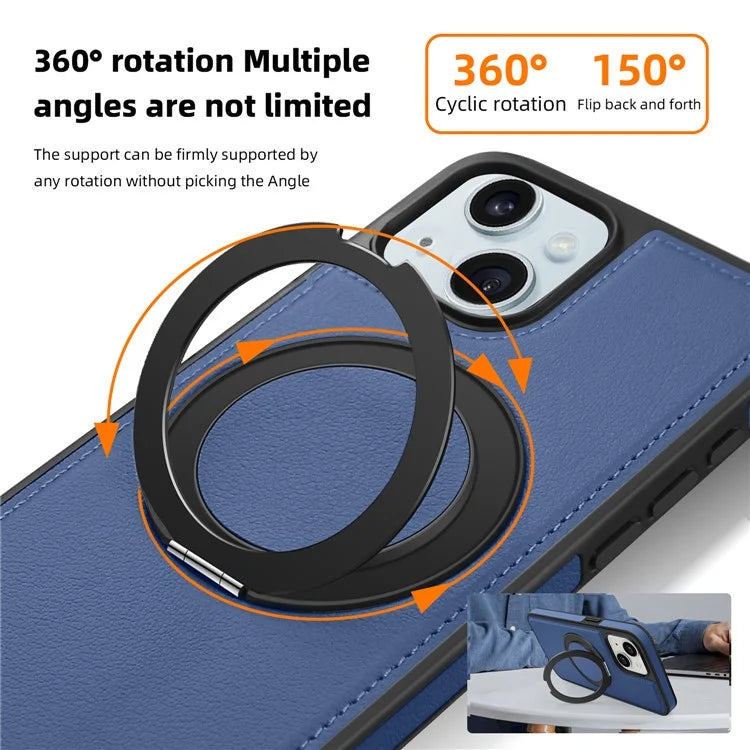 For iPhone 15 Magnetic Case Rotate Ring Kickstand PU Leather+PC+TPU Back Cover