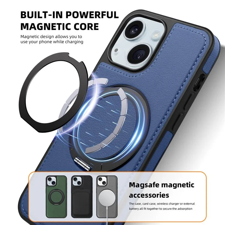 For iPhone 15 Magnetic Case Rotate Ring Kickstand PU Leather+PC+TPU Back Cover