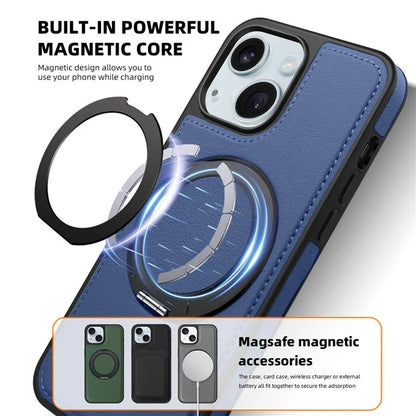 For iPhone 15 Magnetic Case Rotate Ring Kickstand PU Leather+PC+TPU Back Cover