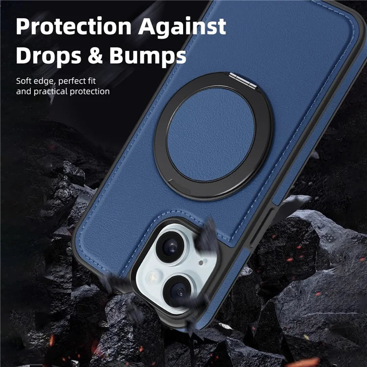 For iPhone 15 Magnetic Case Rotate Ring Kickstand PU Leather+PC+TPU Back Cover