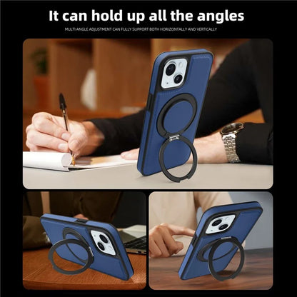 For iPhone 15 Magnetic Case Rotate Ring Kickstand PU Leather+PC+TPU Back Cover