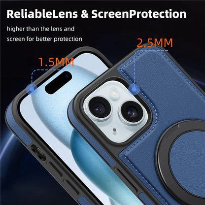 For iPhone 15 Magnetic Case Rotate Ring Kickstand PU Leather+PC+TPU Back Cover