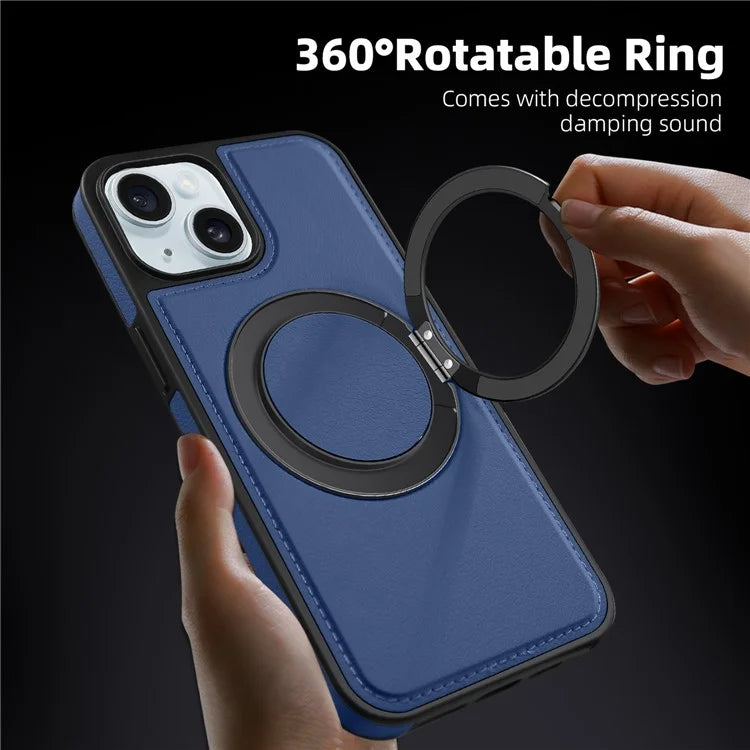 For iPhone 15 Magnetic Case Rotate Ring Kickstand PU Leather+PC+TPU Back Cover
