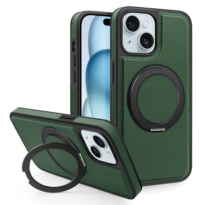 For iPhone 15 Magnetic Case Rotate Ring Kickstand PU Leather+PC+TPU Back Cover