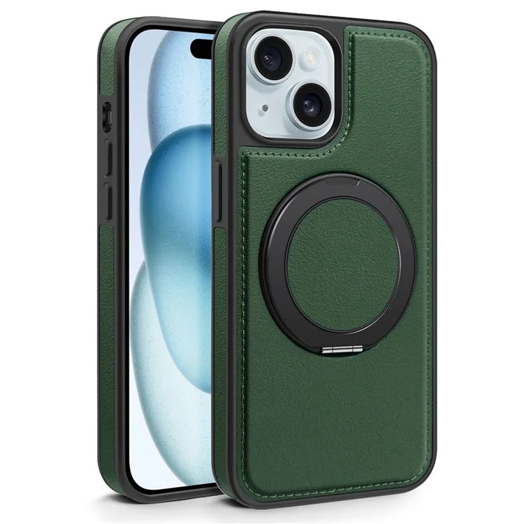 For iPhone 15 Magnetic Case Rotate Ring Kickstand PU Leather+PC+TPU Back Cover