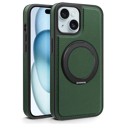 For iPhone 15 Magnetic Case Rotate Ring Kickstand PU Leather+PC+TPU Back Cover