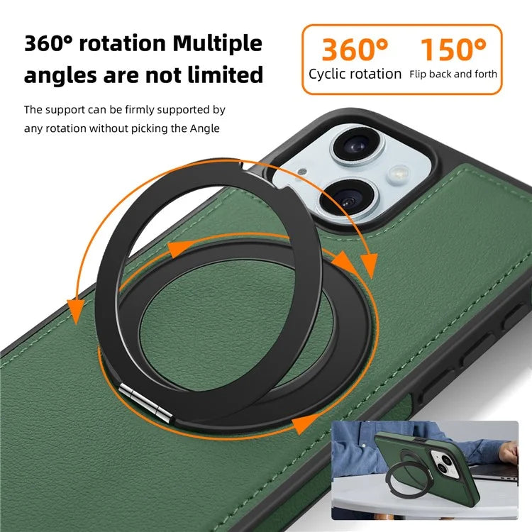 For iPhone 15 Magnetic Case Rotate Ring Kickstand PU Leather+PC+TPU Back Cover