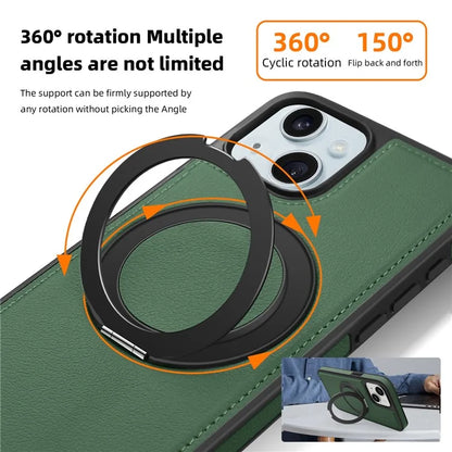 For iPhone 15 Magnetic Case Rotate Ring Kickstand PU Leather+PC+TPU Back Cover