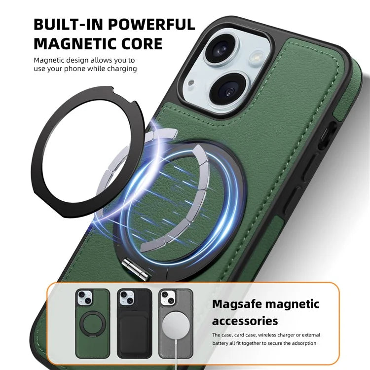 For iPhone 15 Magnetic Case Rotate Ring Kickstand PU Leather+PC+TPU Back Cover