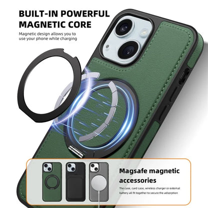 For iPhone 15 Magnetic Case Rotate Ring Kickstand PU Leather+PC+TPU Back Cover