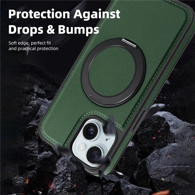 For iPhone 15 Magnetic Case Rotate Ring Kickstand PU Leather+PC+TPU Back Cover