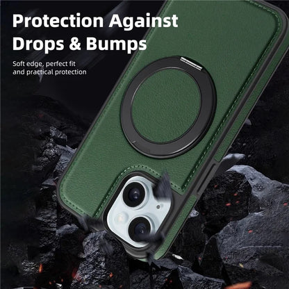 For iPhone 15 Magnetic Case Rotate Ring Kickstand PU Leather+PC+TPU Back Cover