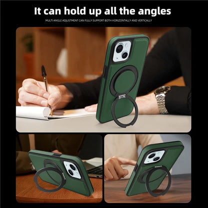 For iPhone 15 Magnetic Case Rotate Ring Kickstand PU Leather+PC+TPU Back Cover