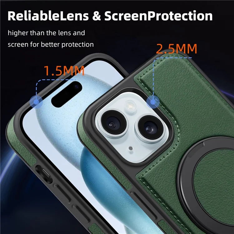 For iPhone 15 Magnetic Case Rotate Ring Kickstand PU Leather+PC+TPU Back Cover